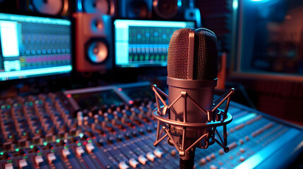 Close up of microphone in recording studio with sound board and equipment