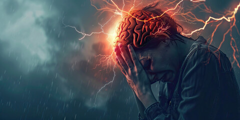 Cerebral Hemorrhage: The Sudden Headache and Neurological Symptoms - Picture a person clutching their head with a look of distress, with lightning bolts in the brain area, indicating the sudden headac - obrazy, fototapety, plakaty