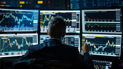 Financial day trading professional at work, surrounded by multiple computer screens displaying real-time stock market data and graph charts