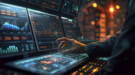 Financial day trading professional at work, surrounded by multiple computer screens displaying real-time stock market data and graph charts - obrazy, fototapety, plakaty