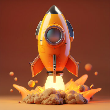 A yellow rocket is flying through the air with a bright orange flame coming out of the back. The rocket is surrounded by a cloud of rocks, giving the impression of a fiery explosion. Generative AI
