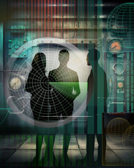 Kommunikation und Brainstorming im Business - Suche Radar - Analyse von Daten Digital und Informationen - Körper - Abstrakte Illustration Collage - AI generiert	