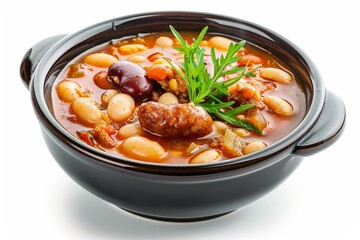 White bean soup with smoked sausage and tomato sauce isolated on white background