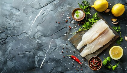 White fish fillet with spices and lemon on a stone background with space for text