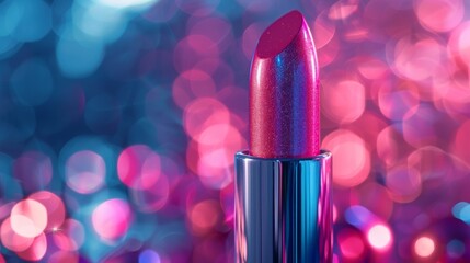 A close up image of a hot pink lipstick against a background of blue and pink glitter.