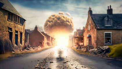 A war torn village street being lit up by the blast from a nuclear type explosion