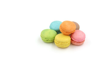 Sweet colorful macarons isolated on white background. Tasty colourful macaroons.