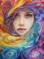 A painter loses herself in a swirl of colors, each stroke a whisper of her soul on canvas, kawaii water color