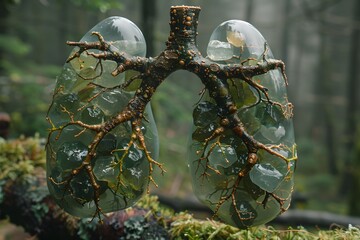 Mysterious Forest Green Glass Lungs Sculpture with Vines and Foggy Background - obrazy, fototapety, plakaty