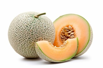 Whole and sliced Japanese melons orange and cantaloupe with seeds on white background