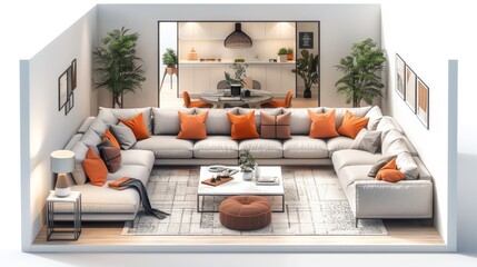Sectional Sofa Arrangement: A 3D illustration showing a sectional sofa in a well-arranged living room