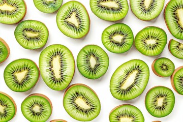 Fototapeta premium Whole and sliced kiwi on white background Overhead view