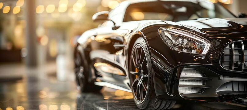 Luxurious black car prominently displayed in modern showroom for sale and rental services business