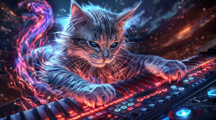 cat playing the keyboard, with blue fire flame hair, in a detailed illustrated style-Enhanced-SR