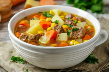 Winter comfort food Homemade beef soup with vegetables in white bowl
