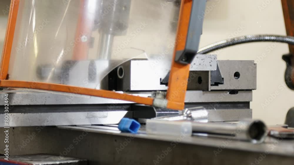 Poster close up cnc cutting power action on metallic horizontal ironwork object industrial details in compu