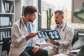 Obraz premium two doctors looking at x-ray of patient in modern clinic