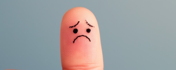 Close-up of a sad face drawn on a fingertip