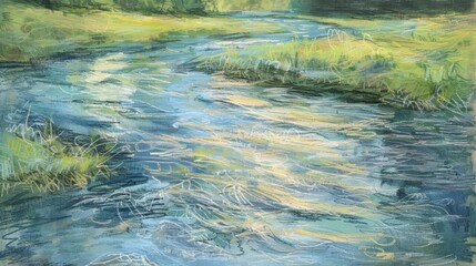 Layers of soft pastels depict the gentle undulations and currents of a peaceful river..