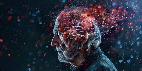 Alzheimer's Disease: The Memory Loss and Brain Shrinkage - Imagine a person looking confused, with a shrinking brain symbol, illustrating the memory loss and brain shrinkage - obrazy, fototapety, plakaty