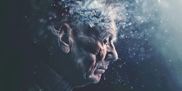 Alzheimer's Disease: The Memory Loss and Brain Shrinkage - Imagine a person looking confused, with a shrinking brain symbol, illustrating the memory loss and brain shrinkage