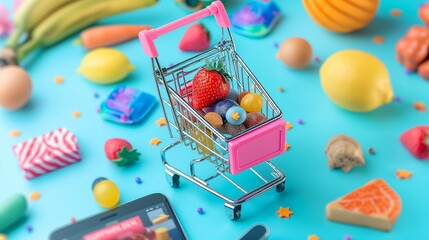Shopping cart brimming with citrus fruits on table - obrazy, fototapety, plakaty