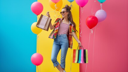a woman is holding shopping bags and balloons in her hands - obrazy, fototapety, plakaty
