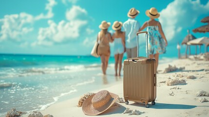 suitcase on beach with family in azure water under a cloudfilled sky - obrazy, fototapety, plakaty