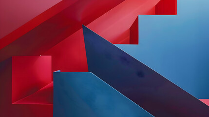 Capture an artistic abstract featuring sharp geometric forms in a contrasting red and blue palette, designed to mimic the clarity of a high-definition photograph