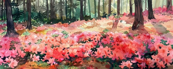 Azaleas burst into life, their blossoms a cascade of pink and red that carpets the woodland floor, kawaii water color - obrazy, fototapety, plakaty