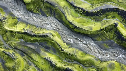 A meandering river its surface broken by the constant interruption of raindrops creating a fluid and mesmerizing pattern..