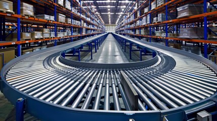 Wide-angle view of a modern warehouse with a circular conveyor system. - obrazy, fototapety, plakaty