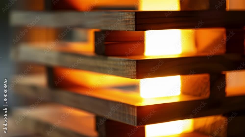 Poster a close up of a sleek modern lamp made entirely from stacked and sanded pallets. soft warm light ema