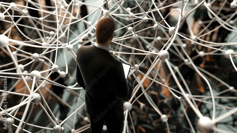 Poster businessman uses computer to display social network structure in modern setting. concept technology,