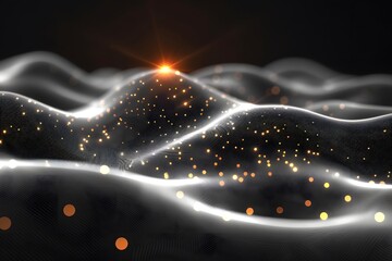 Abstract Glowing Waves with Particle Lights on Dark Background - obrazy, fototapety, plakaty