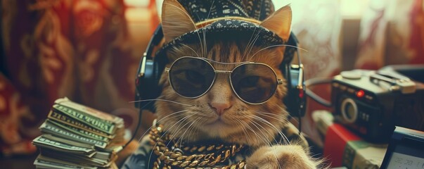 Consider the winning concept of a hipster cat dressed as a wealthy gangster boss, complete with sunglasses, hat, headphones, gold chain, and stacks of money dollars How can this character embody a sen