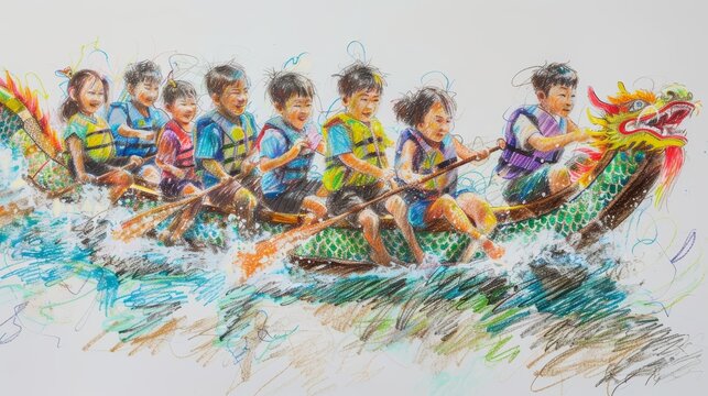 Children across Asia compete in a dragon boat race, their efforts illustrated in colorful pencil strokes, color drawn pencil concept
