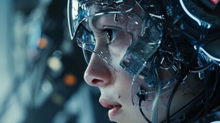 Close-up of a woman with a cybernetic helmet and transparent visor. Sci-fi concept with futuristic technology on a blurred background