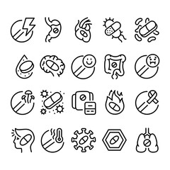 Drug categories line black icons set. Vector isolated buttons.