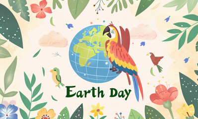 Earth day poster with a parrot, planet and flowers vector illustration, flat design for a web banner, card or t shirt print template. Flat cartoon vector illustration of an earth day poster with a glo