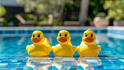 Yellow rubber ducks placed by the pool during the summertime symbolizing a close knit group enjoying their vacation - obrazy, fototapety, plakaty