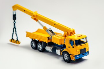 Yellow toy crane truck on white background