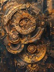 Obraz premium Experiment with different perspectives to showcase a dynamic composition of rotating golden gears in the artwork