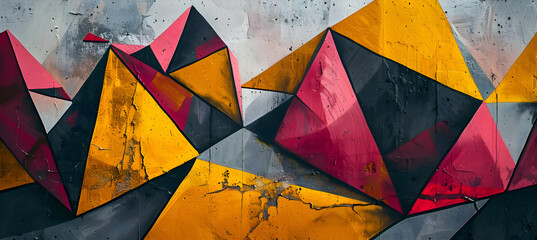 Capture an HD image of a geometric abstract art with sharp, jagged lines forming an aggressive pattern, featuring a bold color scheme of crimson, gold, and charcoal, mimicking.