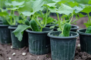 Young cucumber seedlings ready for planting in pots Idea for gardening