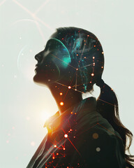 Young female student silhouette, double exposure image style over a technological, science, networking background - obrazy, fototapety, plakaty