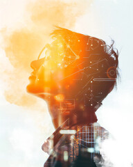 Young student silhouette, double exposure image style over a technological, science, networking background - obrazy, fototapety, plakaty