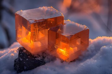 Glowing Crystal Formation on Snowy Surface at Twilight - obrazy, fototapety, plakaty