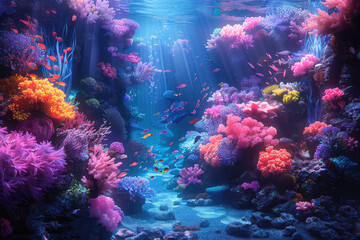 Naklejka na ściany i meble A vibrant coral reef teeming with colorful fish and intricate sea life. Created with Ai