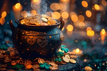 Enchanted Cauldron Overflowing with Gold Coins in Mystical Setting - obrazy, fototapety, plakaty